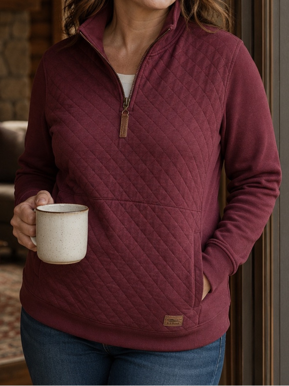 L.L.Bean Quilted Quarter Zip Pullover Women’s Large Burgundy Cozy Cabin Core
